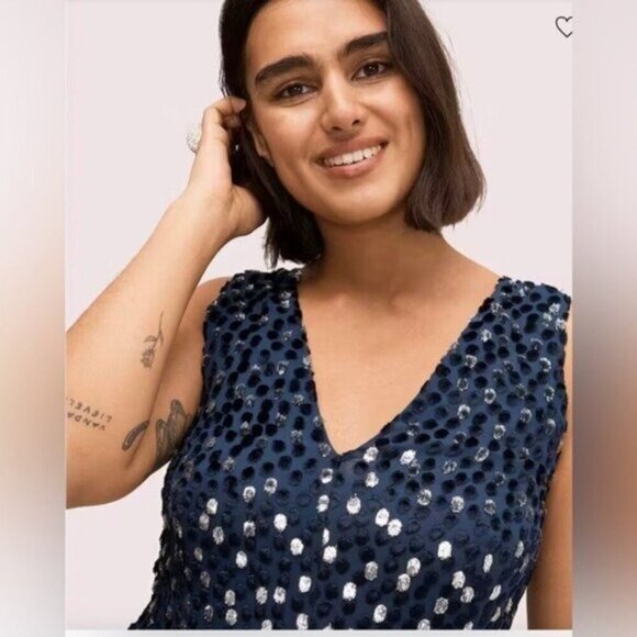 NWOT Kate Spade Scatter Dot Velvet Jumpsuit Navy Blue Silver Size 2. Size 6. - Picture 2 of 4